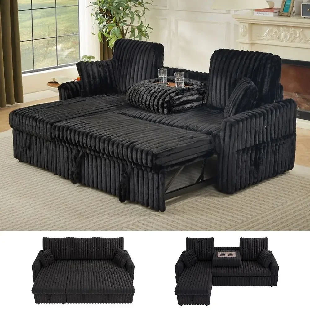 

Sleeper Sofa Bed, 81 Pull Out Couch Bed with Reversible Storage Chaise, 3 in 1 LShaped Couch with Charging Station, Cup Holder,