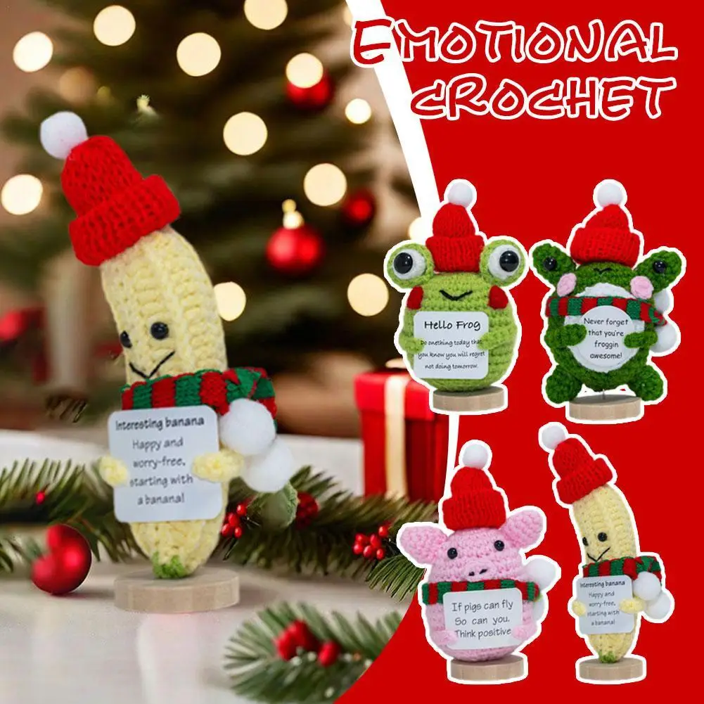 Cute Crochet Christmas Pickle Knitting Doll With Positive Card Positive Potato Crochet Doll Emotional Support Plush Crochet Gift