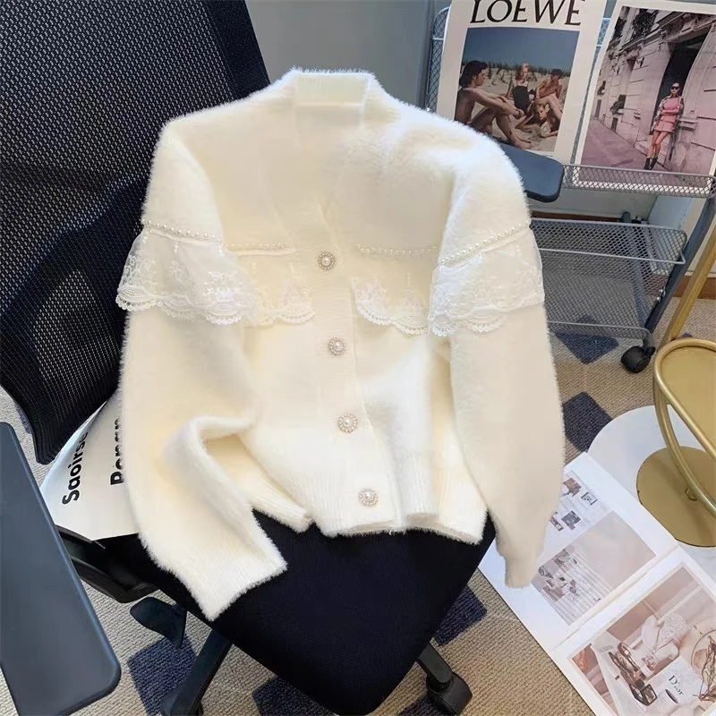 

Elegant White Knitted Cardigan Women Mink Cashmere Lace Sweater Outerwears Fashion V Neck Knitwears Winter Long Sleeve Jumpers