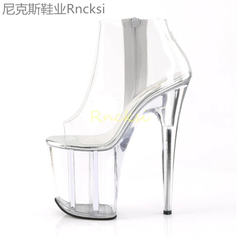 

20cm Catwalk shoes super high heels stiletto full transparent side zipper matt low tube booties super high heels