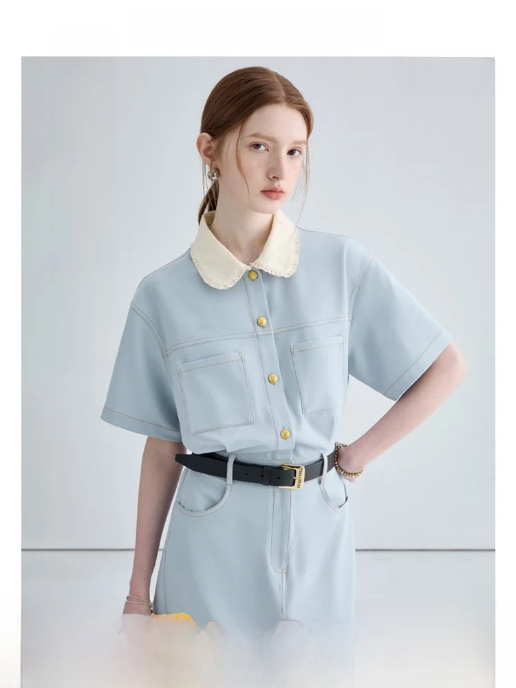 VEGA CHANG 여름 신상 슬레 여성용 티 브레이크 Dr Ele 슬리밍 햅번 슬레 인형 칼라 롱 Dr 레이디라이크 통근