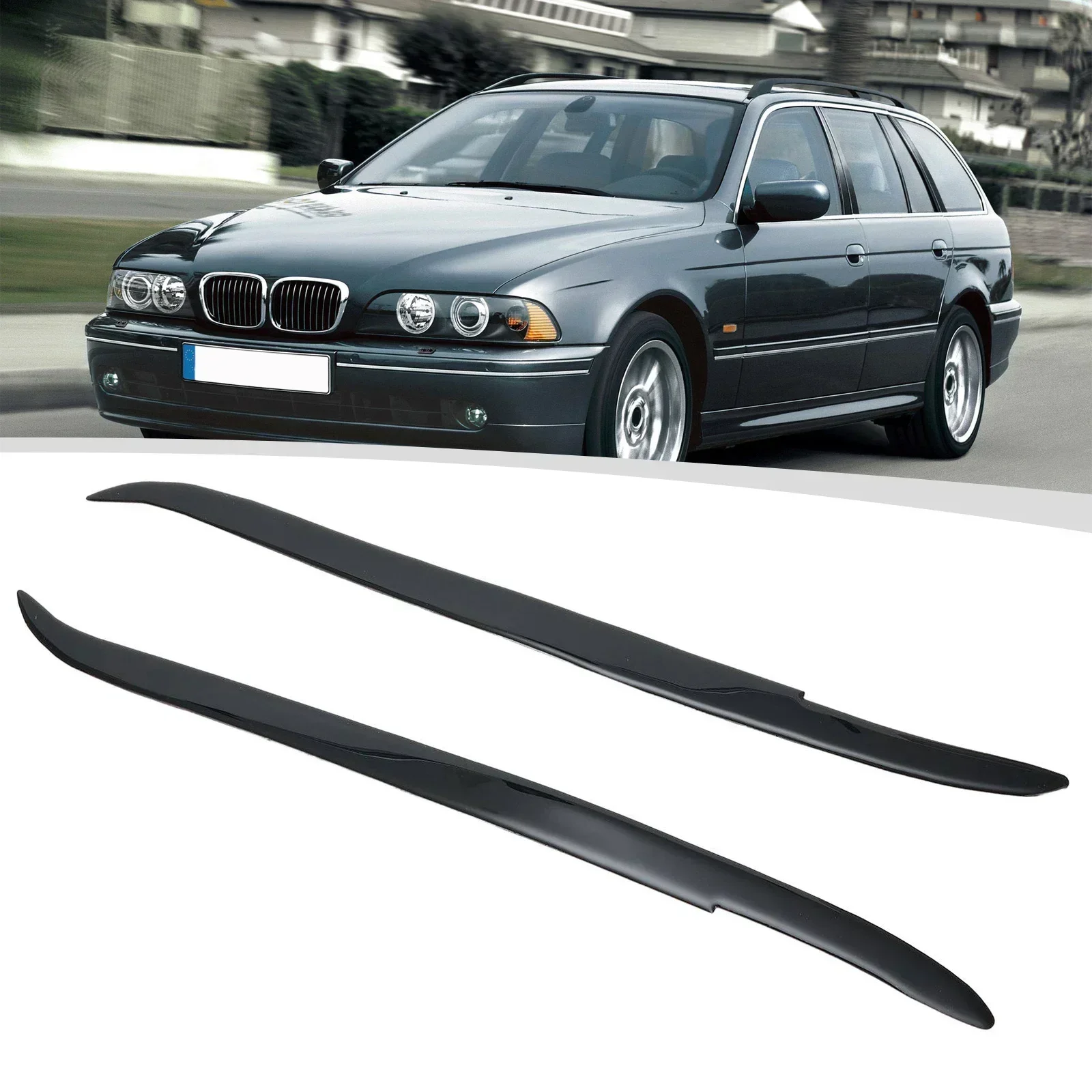 For BMW- 5 Series E39 1995~2003 2×Glossy Piano Black Headlight Eyelid Eyebrow Trims Direct Replacement Car Accessory