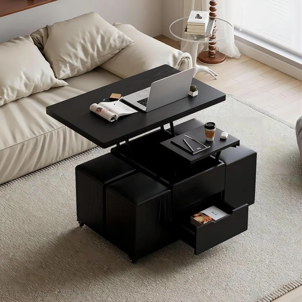 Mesa de centro elevable negra con almacenamiento oculto, mesa de centro moderna multifuncional 3 en 1 con 4 taburetes y ruedas bloqueables