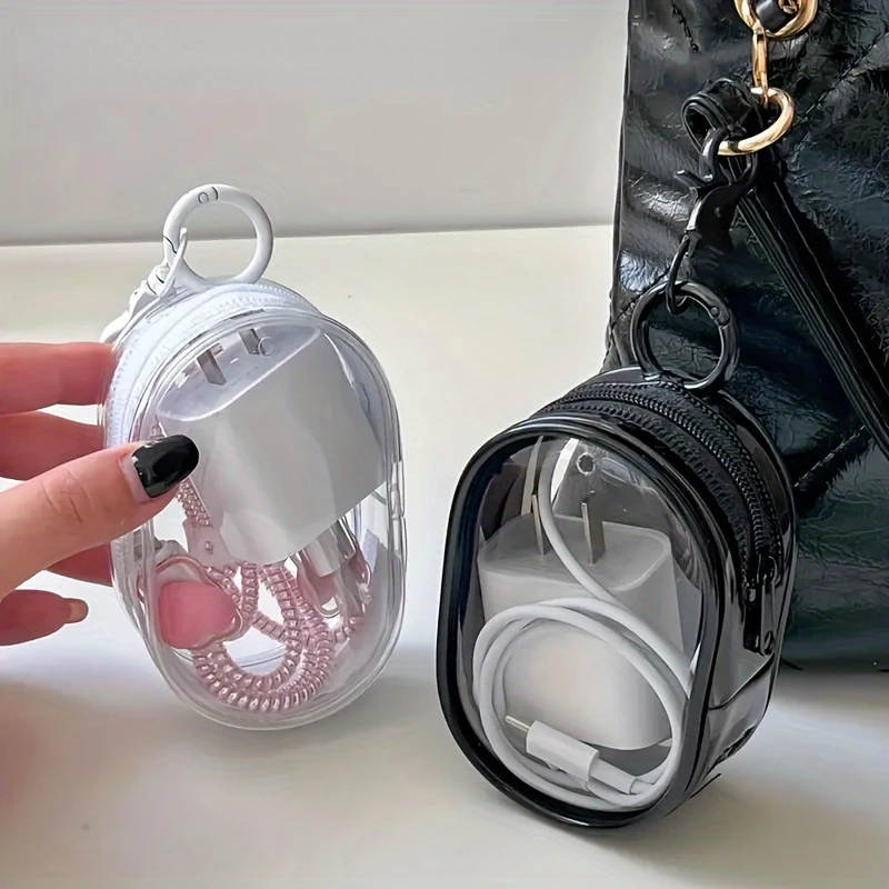 Portable Mini Clear Zipper Storage Bag - Space-Saving Organizer for Earphones & Chargers Versatile with Handy Keychain Loop