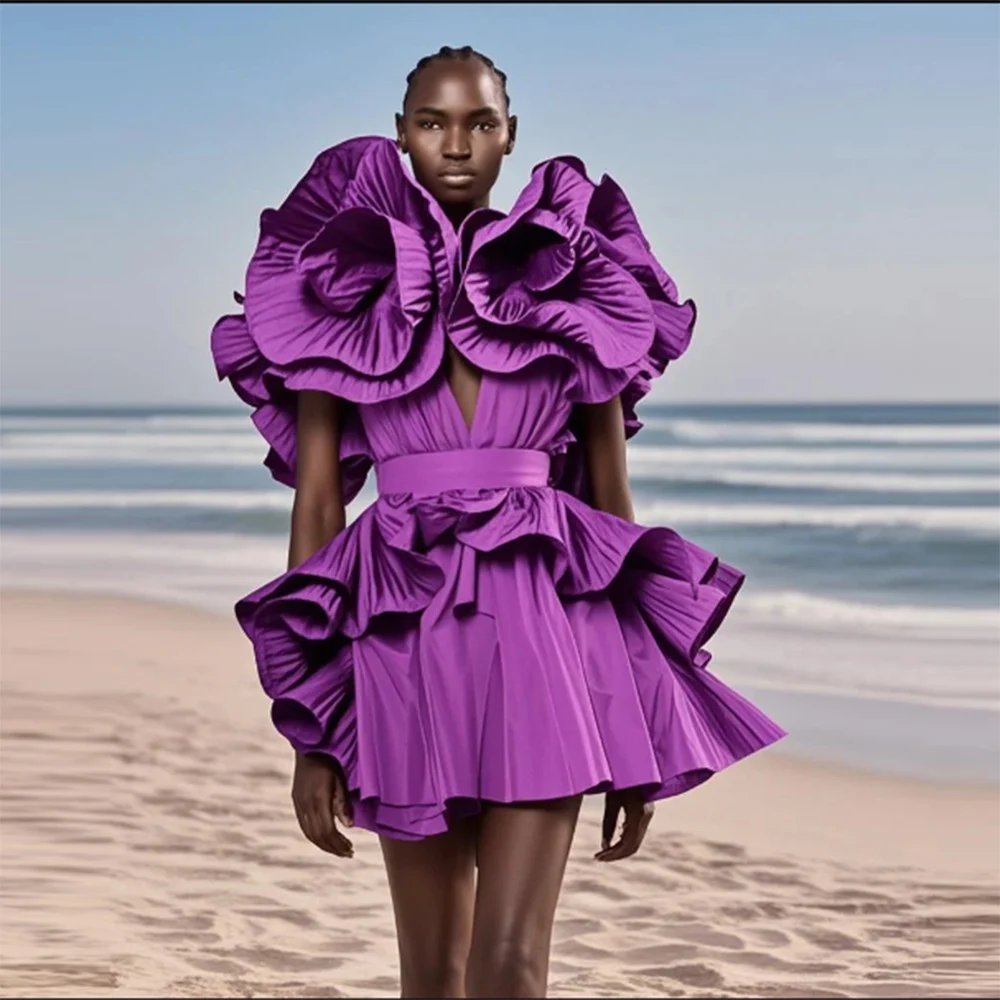 

Purple Ruffles Flower Style Prom Dress Ruched Above Knee Mini Evening Gowns Girls Cocktail Party Dress