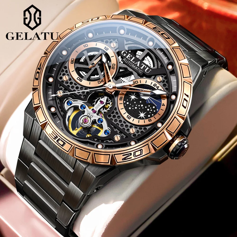 

GELATU Luxury Brand Fully Automatic Men Mechanical Watch Waterproof Skeleton Luminous Starry Sky Dial 24 hours Moon Phase Watch