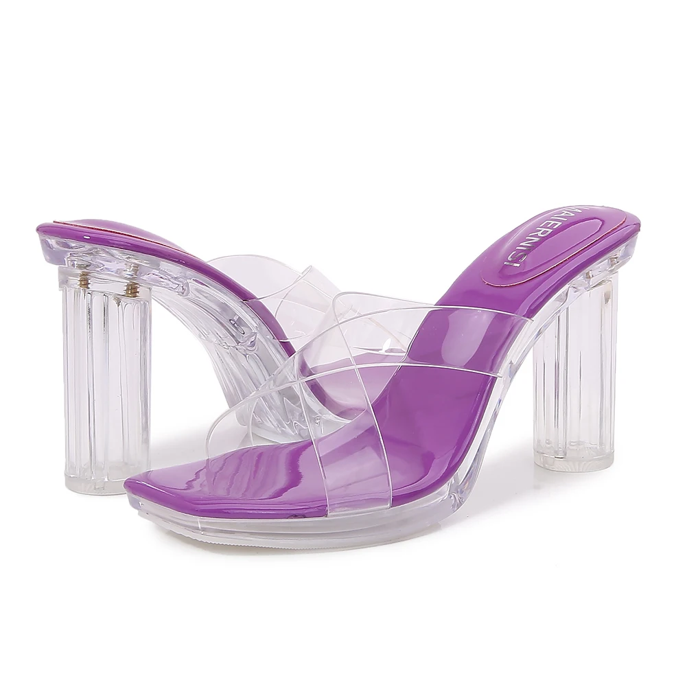 

SDTRFT Summer Ladies Leisure Shoes Woman Sandals Transparent 8cm Thick High Heels Dress Pumps PVC Peep Toe Big Size Slipper