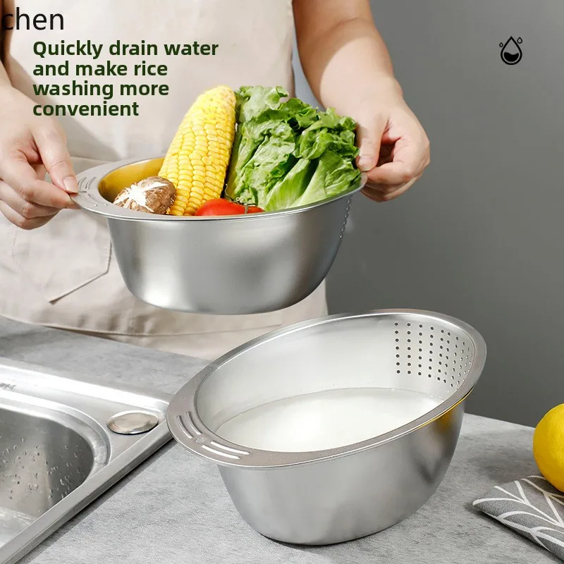 YFY stainless steel rice washing basket - slanted bottom,  and draining water - household kitchen cleaning tool for grains