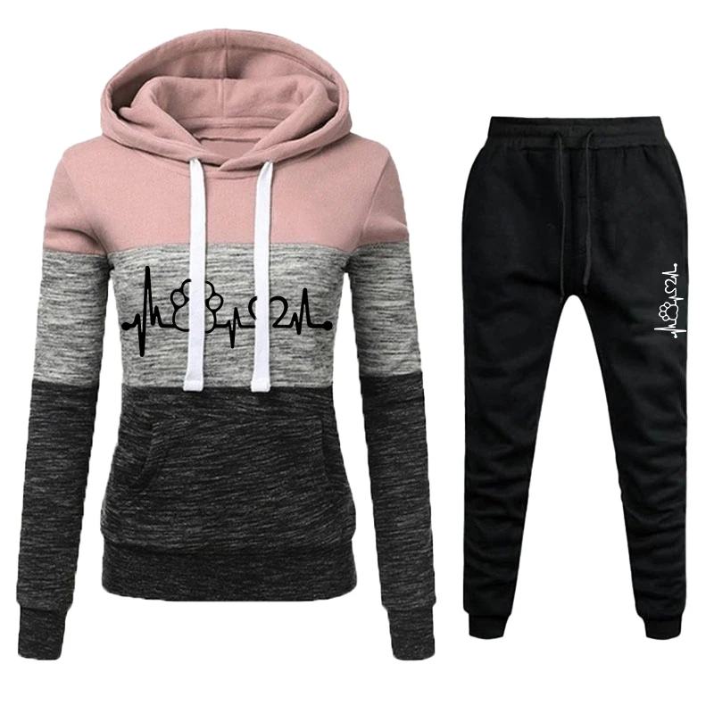 New women's jogging set with three color splicing hooded sweatshirt and sweatpants, women's casual sports hooded set