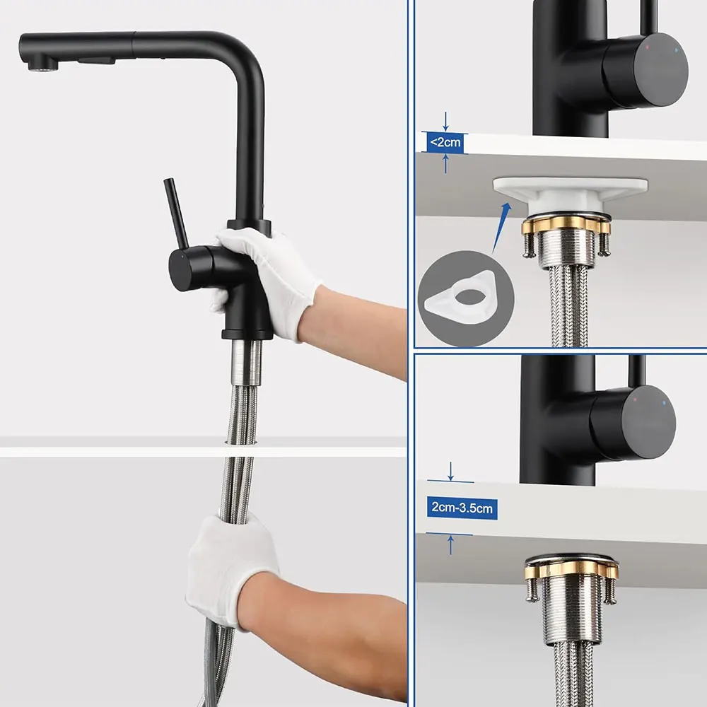 Schwarzer Küchenarmatur mit ausziehbarer Hochdruckdusche, 360° ° Schwenkbarer Mixer mit zwei Wasserstrahlmodi, Edelstahlmischer – Detail 4