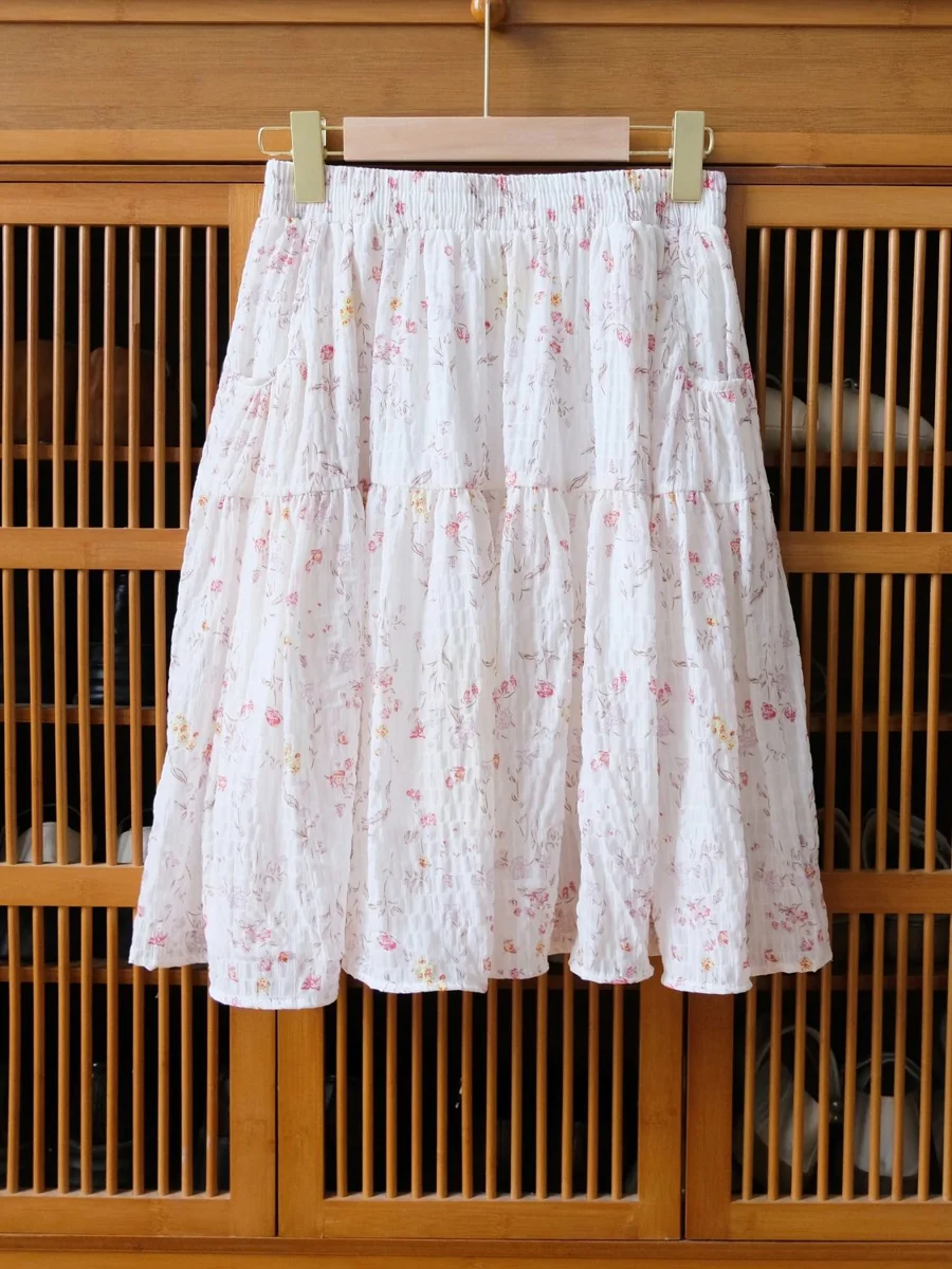 Pink Floral Midi Skirt Sweet  Korean Style Half Body Skirt High Waist Loose Texture Sensation Chiffon Spring Summer