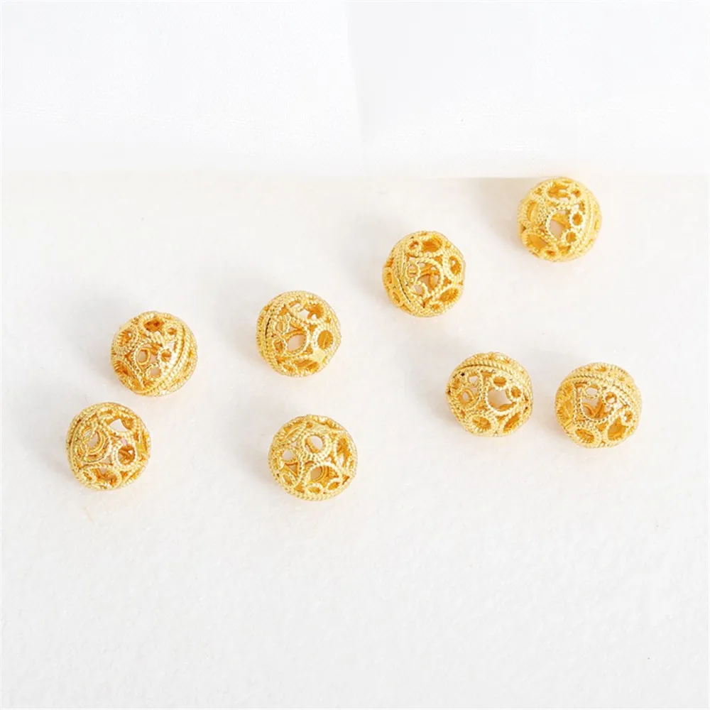 1PCS 18K Gold Color Retro Matte Gold Flower Ball Hollow Bead Bracelet Necklace, Loose Jewelry, DIY Accessories, 8mm