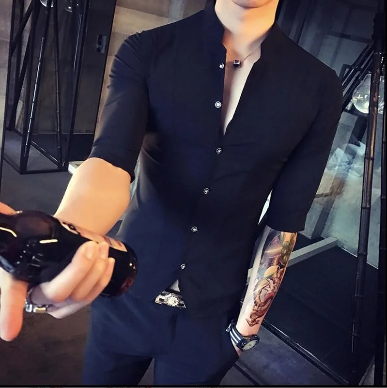 Stand Collar Chinese Style Shirt Men Slim Fit Korea Clothes Men Half Sleeve 2018 Summer Designer Club Shirt Camisa Masculina