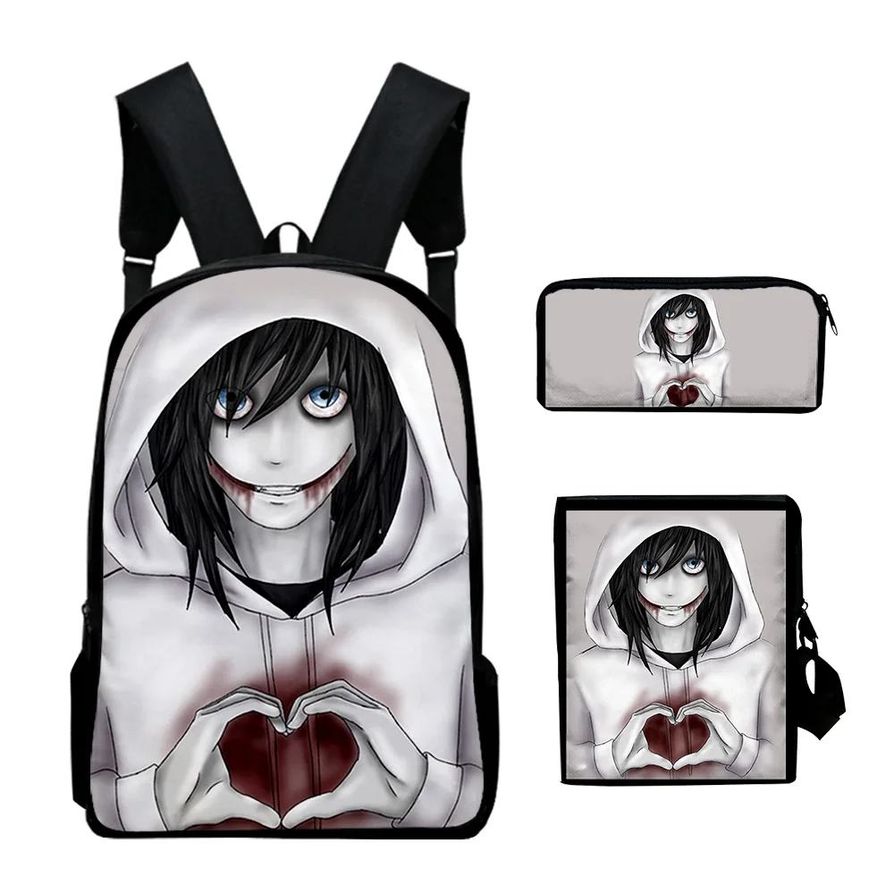 Harajuku Youthful Jeff The Killer 3D Print 3pcs/Set Student Travel bags Laptop Daypack Backpack Shoulder Bag Pencil Case