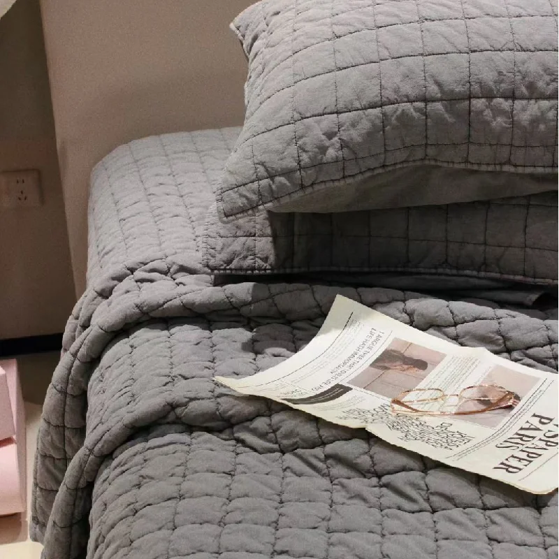 

100% Cotton Sandwashed Puff Quilt Set 3Pcs, Soft Solid Color Small Square Thickened Quilted Bedspread with Pillowcase,Home Decor