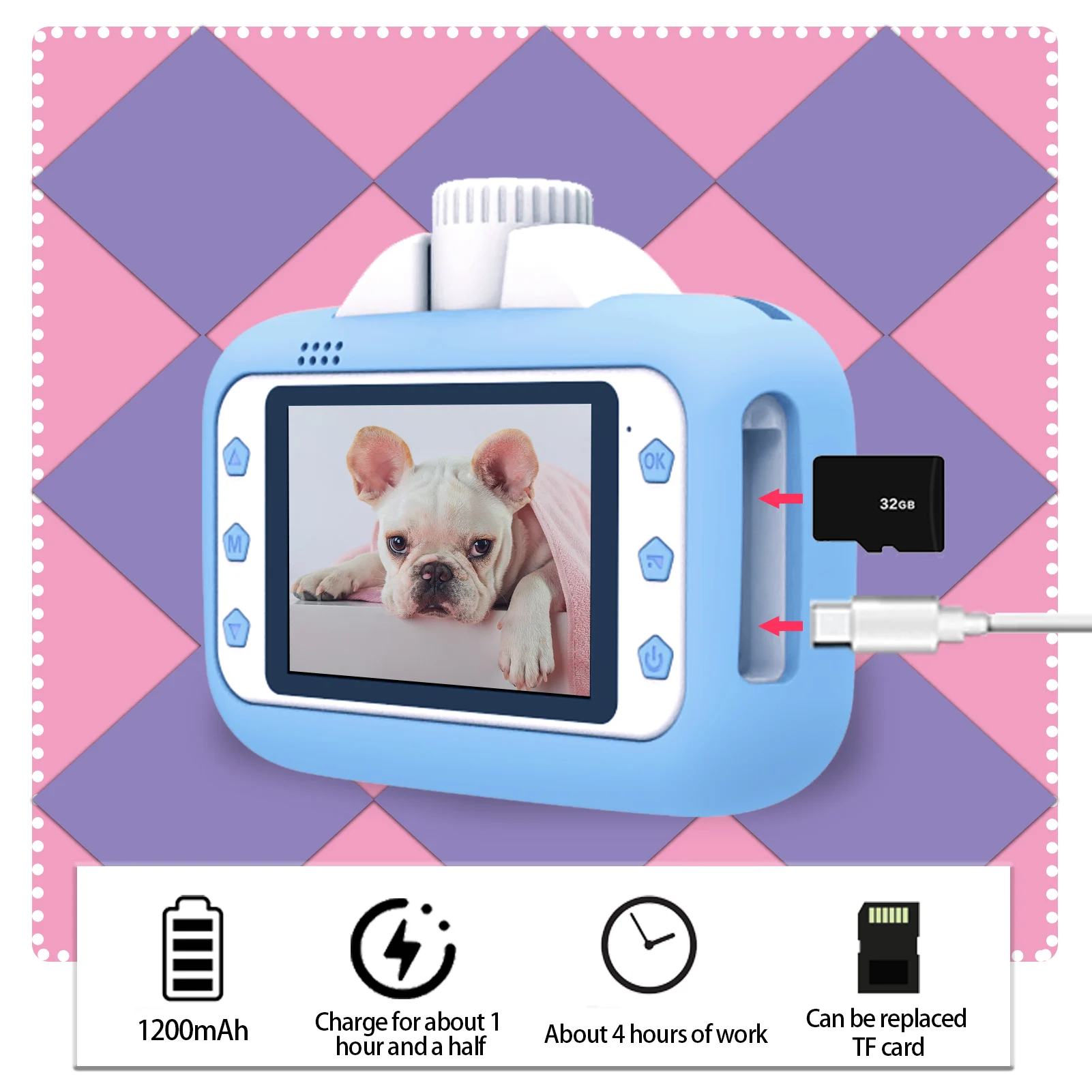 

Детская камера Bisofice, цифровая камера 1080P, термопечать, 3,5-дюймовый IPS-экран 180 ° Поворотный объектив 4K для селфи 1080P