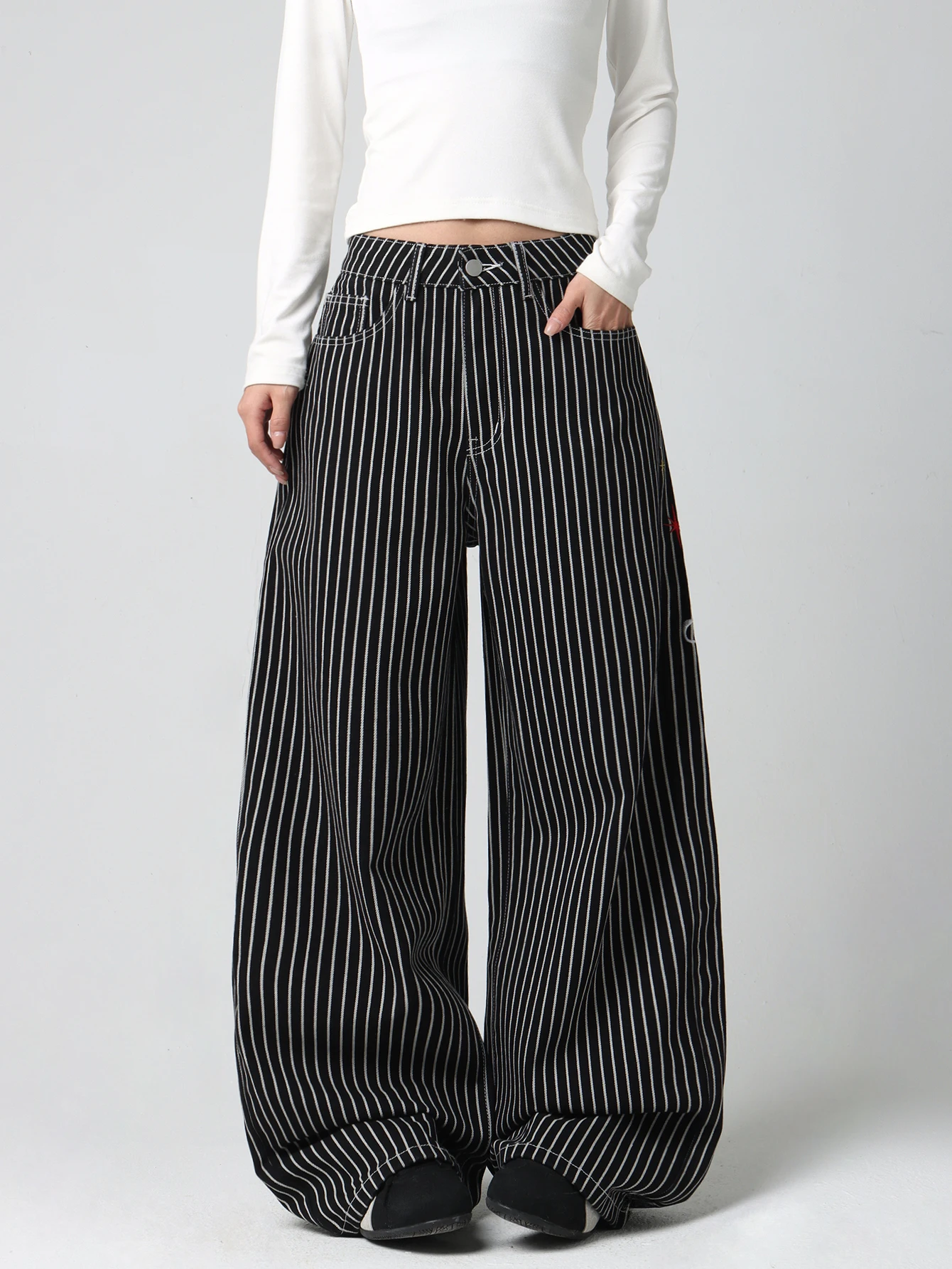 American High-Street Double Koi Embroidery Black And White Striped Loose Jeans Y2K Trendy Street Fashion Casual Versatile High-Waist Wide-Leg Pants