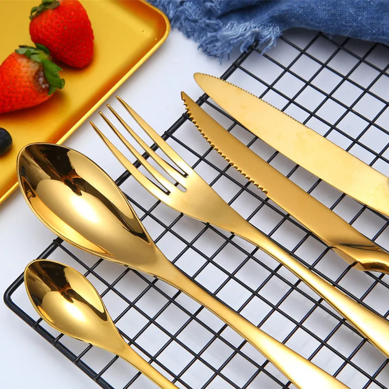 KuBac Hommi 20pcs Shiny Dinnerware Set 18/10 Stainless Steel Mirror Gold Cutlery Set Black Dinnerware Service For 4 Drop Ship