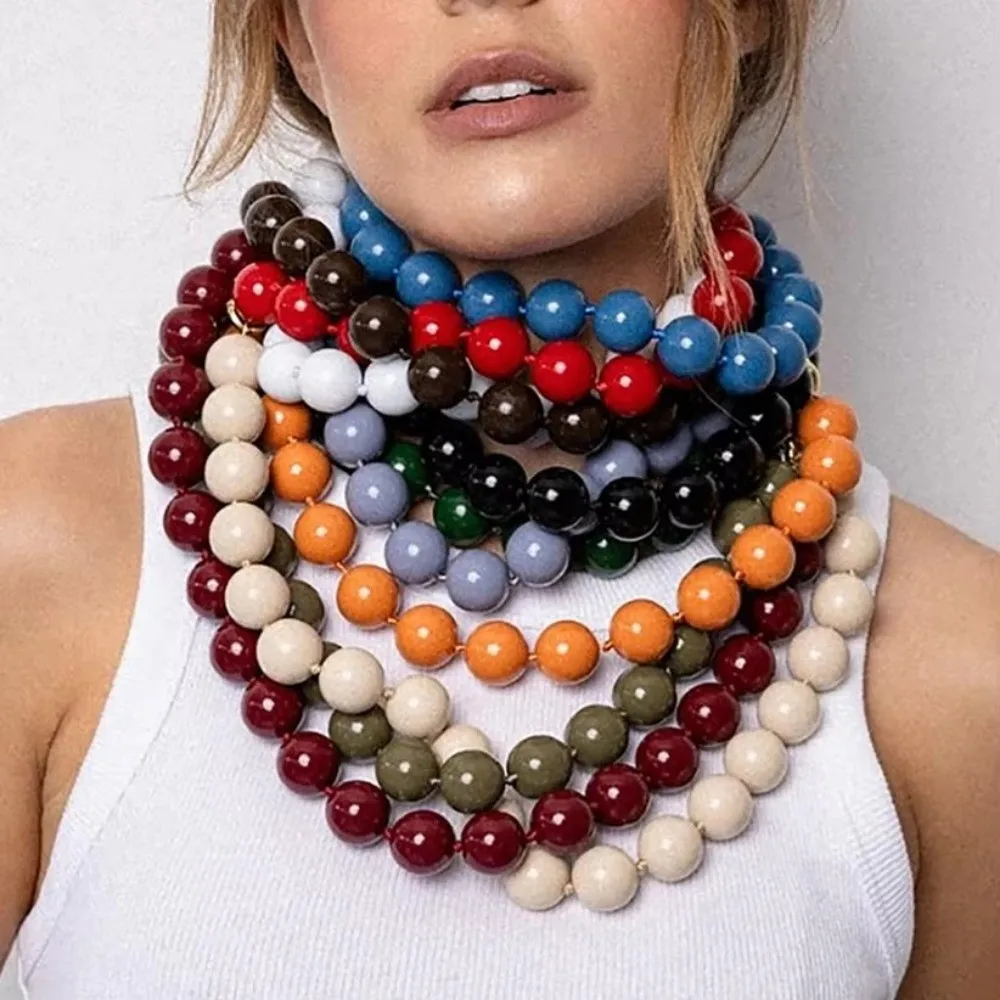 High Quality Fashion Colorful Round Beads Choker Acrylic Large Beaded Handmade Knot Rope Boho Style Women Necklaces Jewelry Gift
