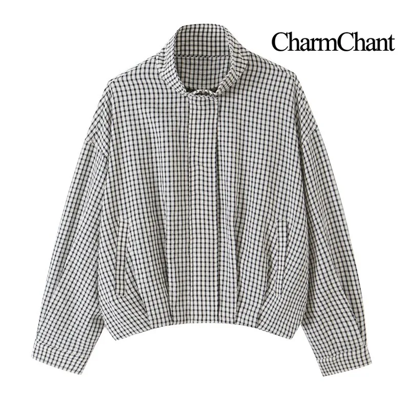 CHARMCHANT Women's Loose Oversized Gingham Stand Collar Zip Up Cropped Jacket Casual Daily Streetwear Spring 2026
