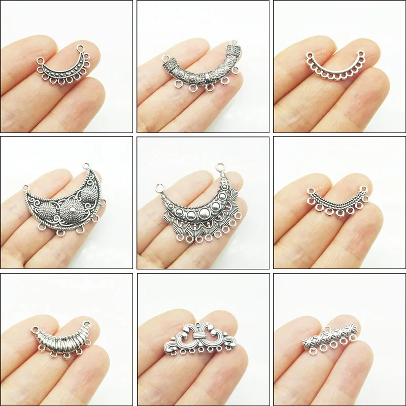 New Retro Flower Moon Wave Charms Antiqued Silver Plated Connectors For Gifts Jewelry