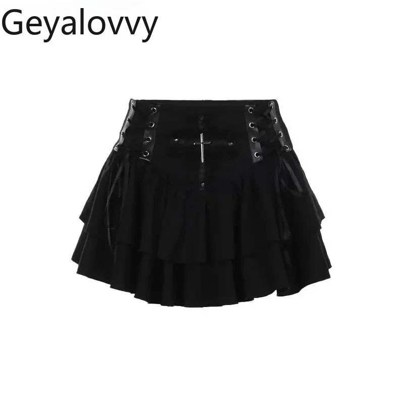 

Летняя винтажная готическая мини-юбка Y2k Cake на бретелях для Хэллоуина, черные милые универсальные короткие юбки с высокой талией для школьниц