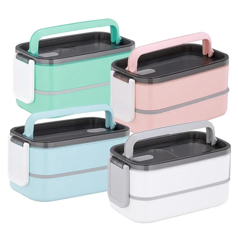 304 Stainless Steel Square Lunch Box Portable Food Box with Handle Heatable Anti Overflow Double-layer Plastic Steel Lunch Box