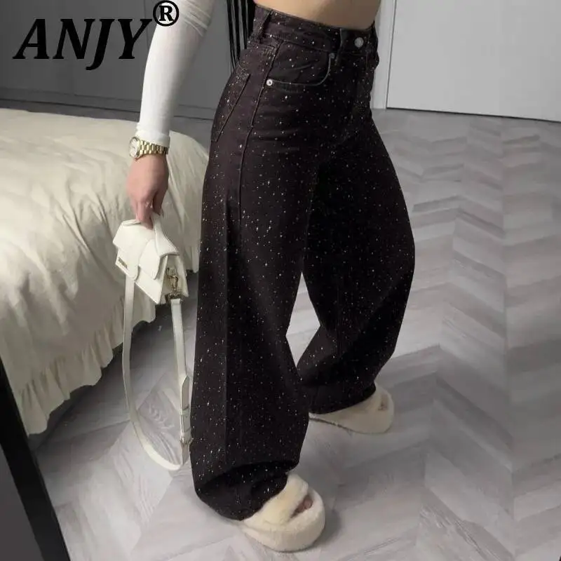 

ANJY Spring Autumn New Women American Style Vintage Diamonds Design Jeans High Street Fashion Wide Leg Casual Denim Pants A23334