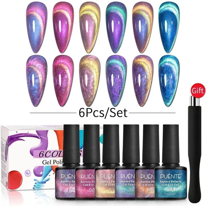 

PUENTE 6Pcs Aurora Shell Thread Cat Magnetic Gel Polish Set With Magnet Glitter Pearl Cat Eye Gel Varnish US Local Fast Shipping