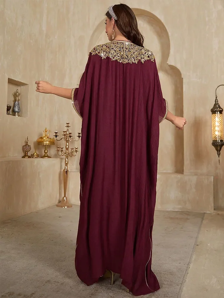 Eid femmes Robe Abaya Caftan manches chauve-souris Appliques fête musulmane robes longues Robe Jalabiya Ramadan maroc caftan robes Largos