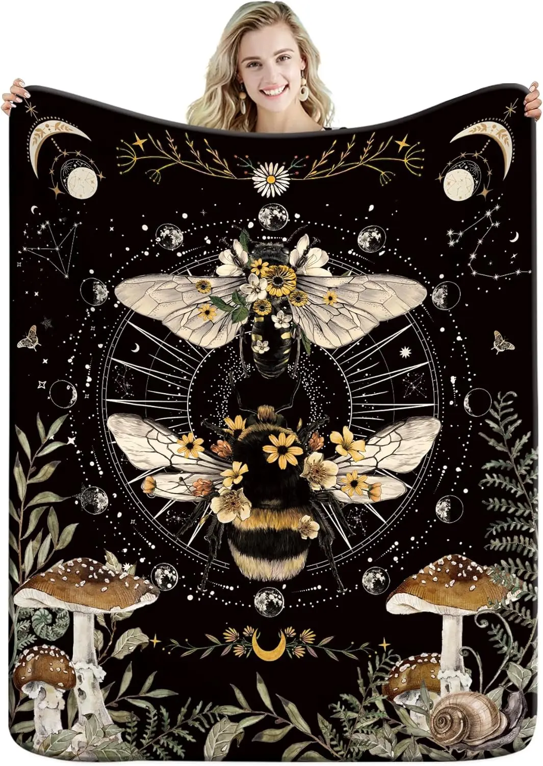 Gothic Black Witchcraft Bee Flannel Blanket Moon Phase Night Mysterious Mushroom Soft Warm Blanket Sofa Office 150x200cm
