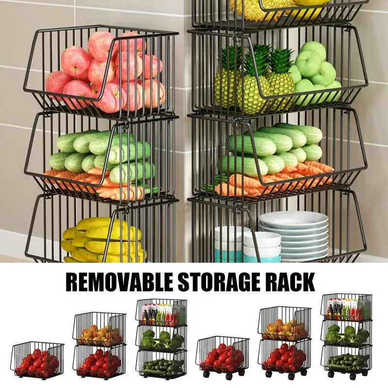 Kitchen Movable Cart Storage Shelf Stackable Rolling Fruit Vegetable Metal Wire Basket Household Trolley Snack Storage Rack