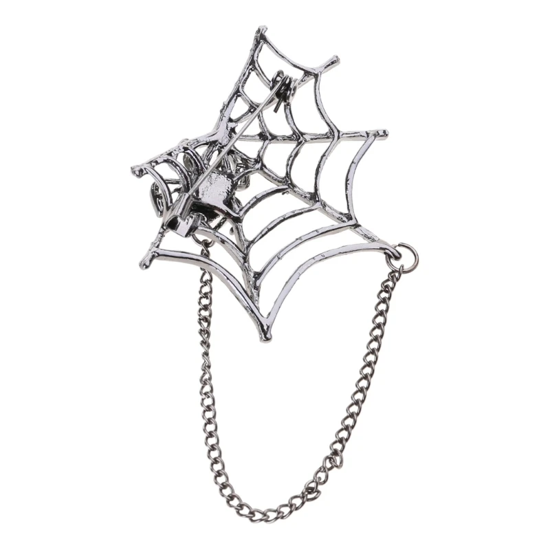 Punk Spiders Net Lapel Pin with Chain Halloween Costume Jewelry Accessories for Women Men, Punk Chain Brooch Lapel Pin