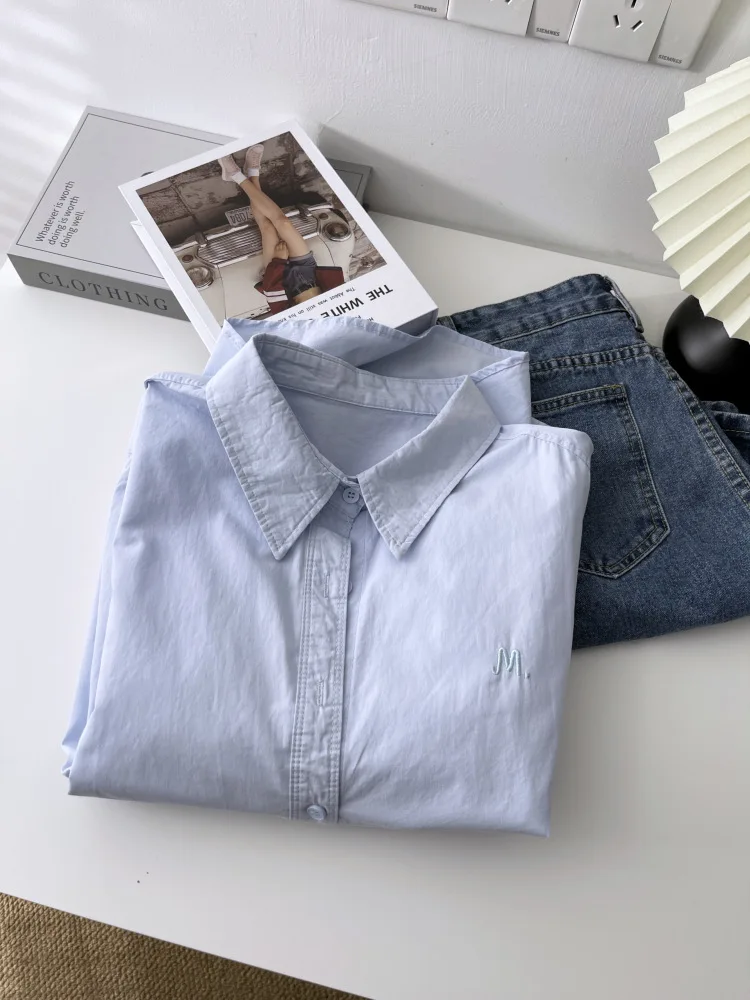Lazy style shirt women's 2025 new letter embroidered POLO collar Korean version loose shirt with knitted shawl