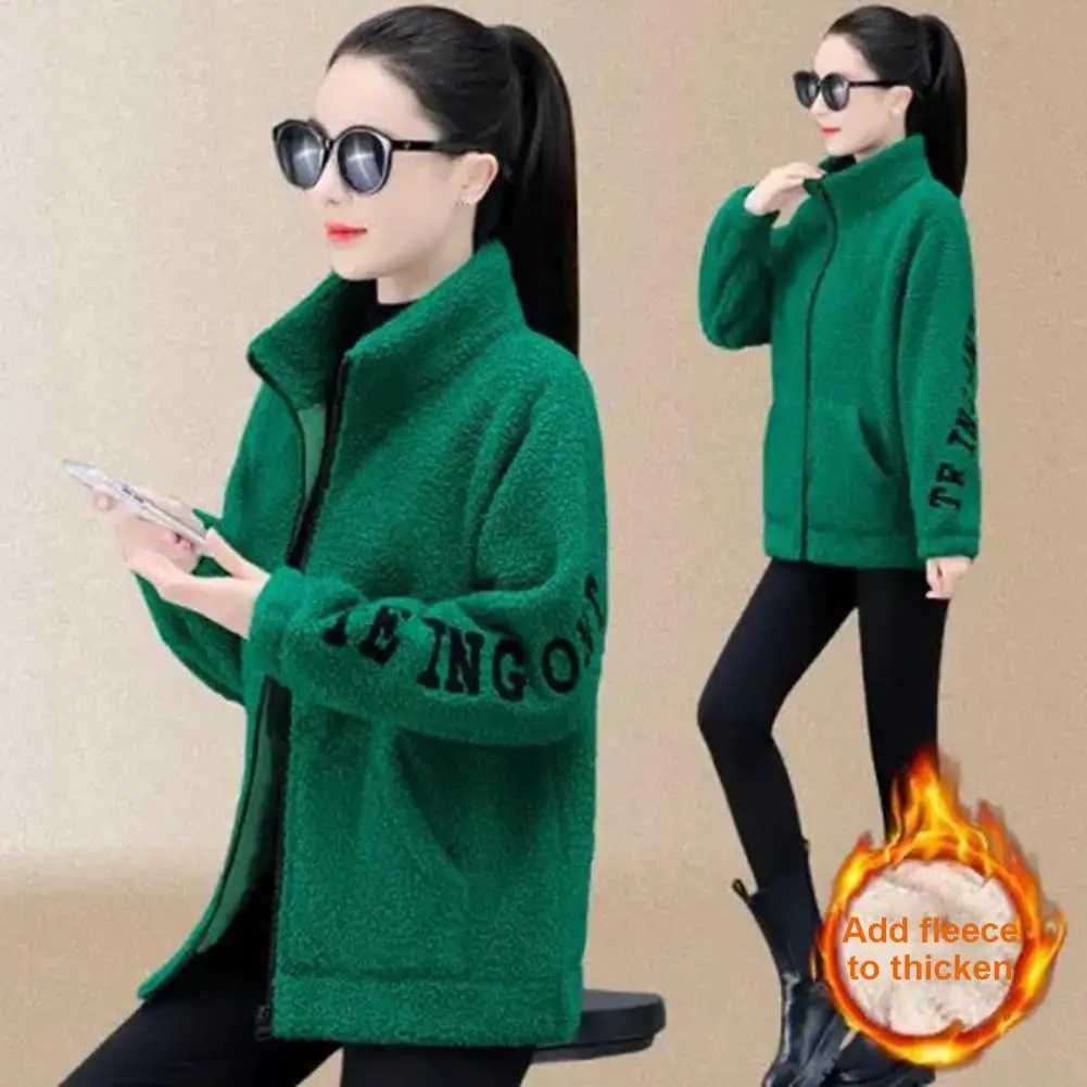 Women Thermal Jacket Thick Fleece Winter Coat with Stand Collar Letter Pattern Pockets Warm Mid Length Cardigan Jacket for Women image 2