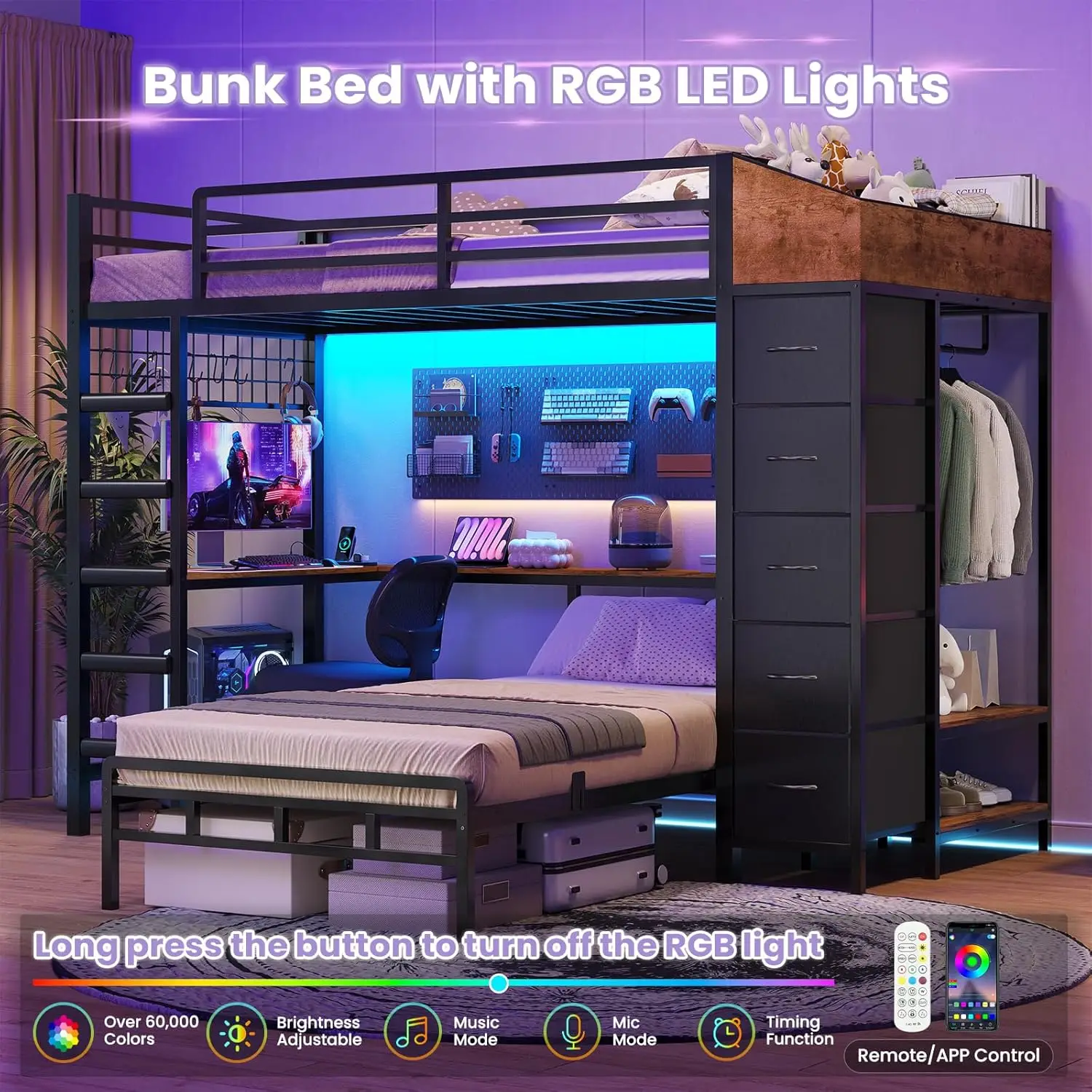 Bunk Bed Twin Over Twin with 5 Storage Drawers, LED Lights and Hall Tree, L-Shaped Bunk Bed with Desk, Charging, Customized view 3
