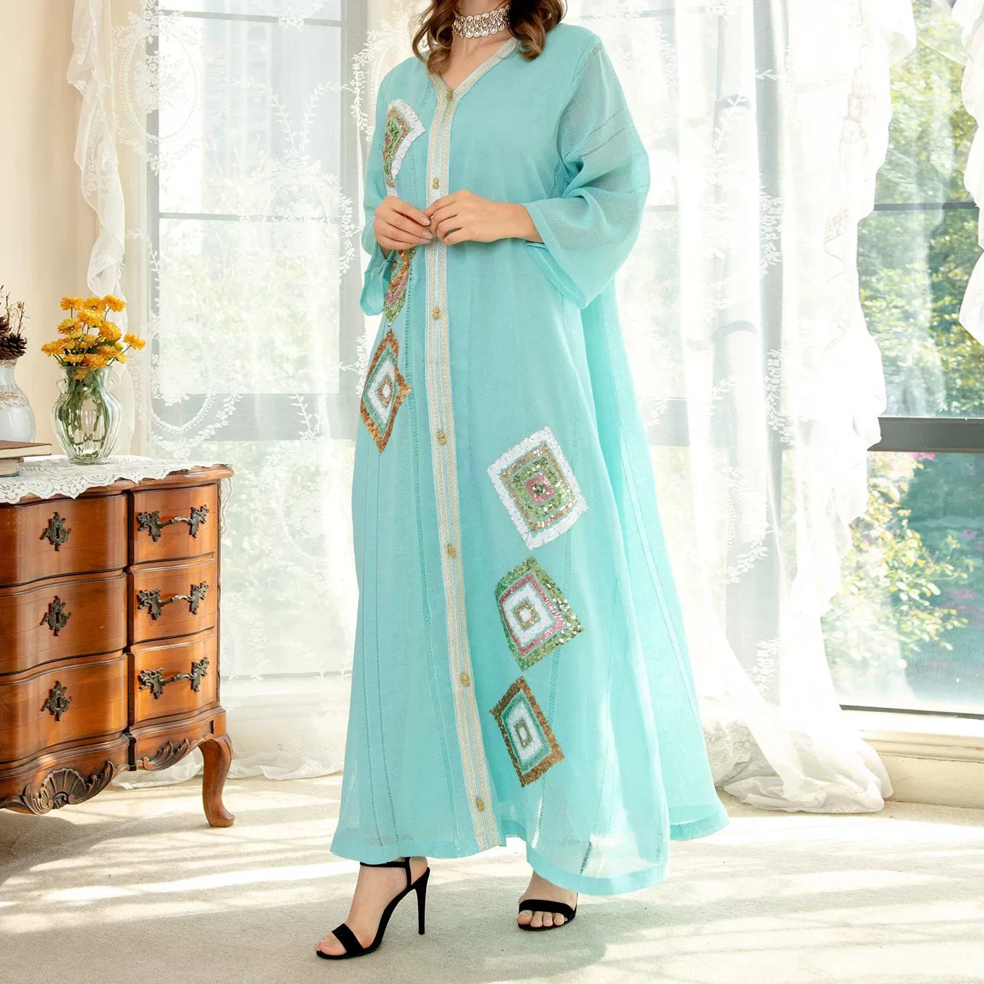 

Muslim cotton and linen temperament four-side sequin embroidered skirt loose version fashionable robe-GZXX652