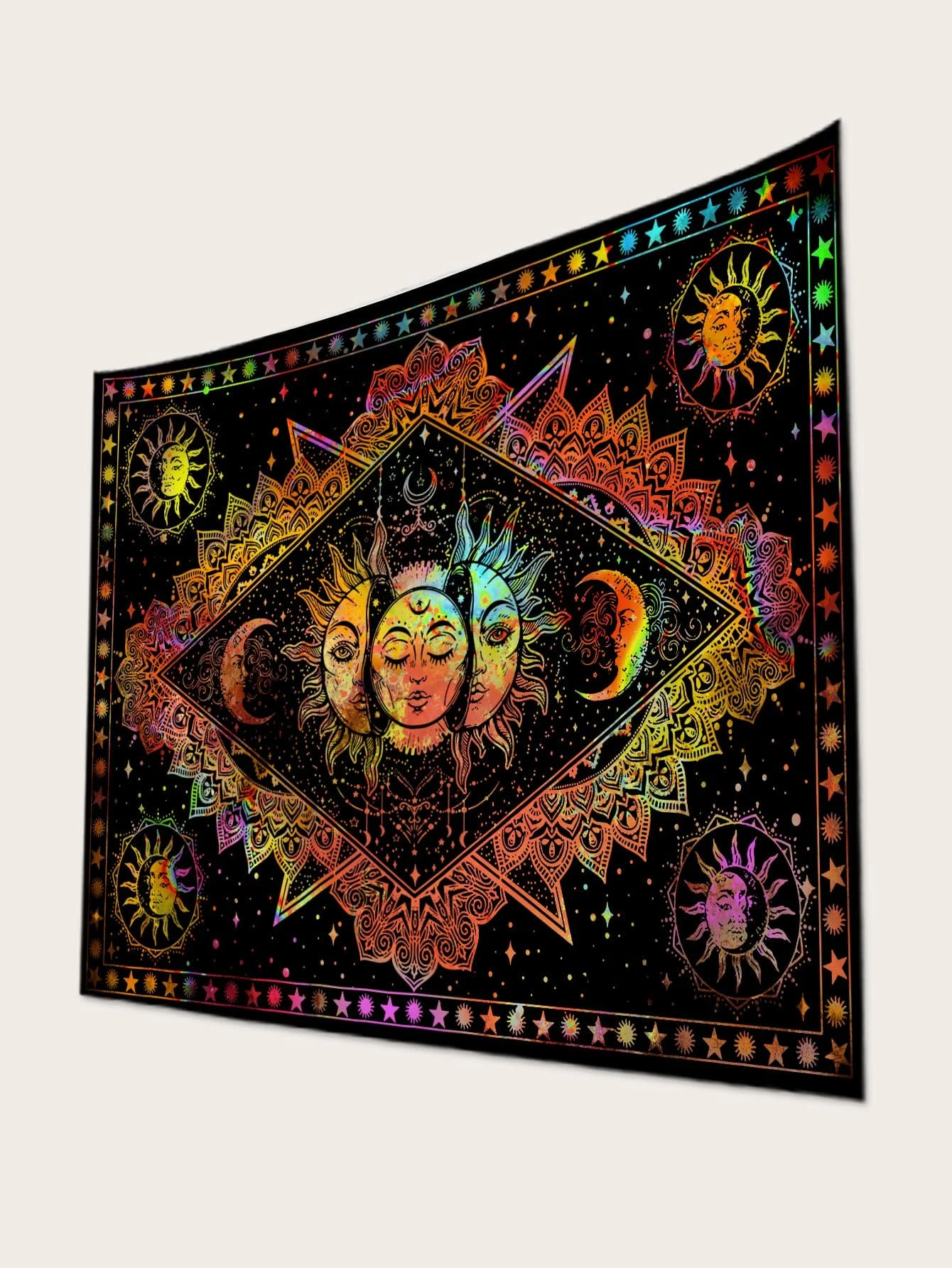 Sun and Moon Tapestry, A Tapestry of Blazing Sun and Stars, A Black and White Mystery Tarot Card Tapestry for Home Decoration.