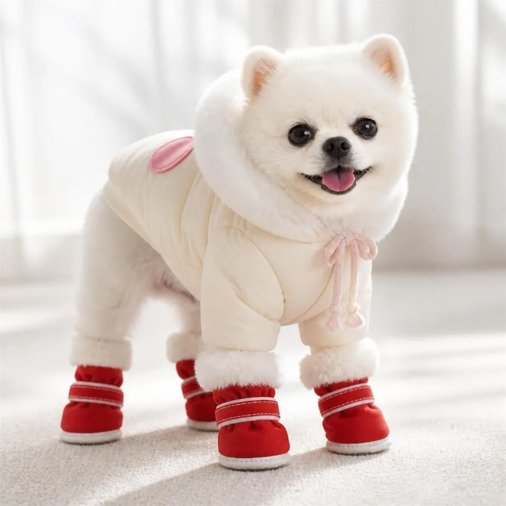 4 Stück Modische Warme Winter-Hundeschuhe Rutschfeste Katzen- und Welpensocken Verdickte Baumwoll-Hundeschuhe für Kleine und Mittelgroße Hunde – Detail 4