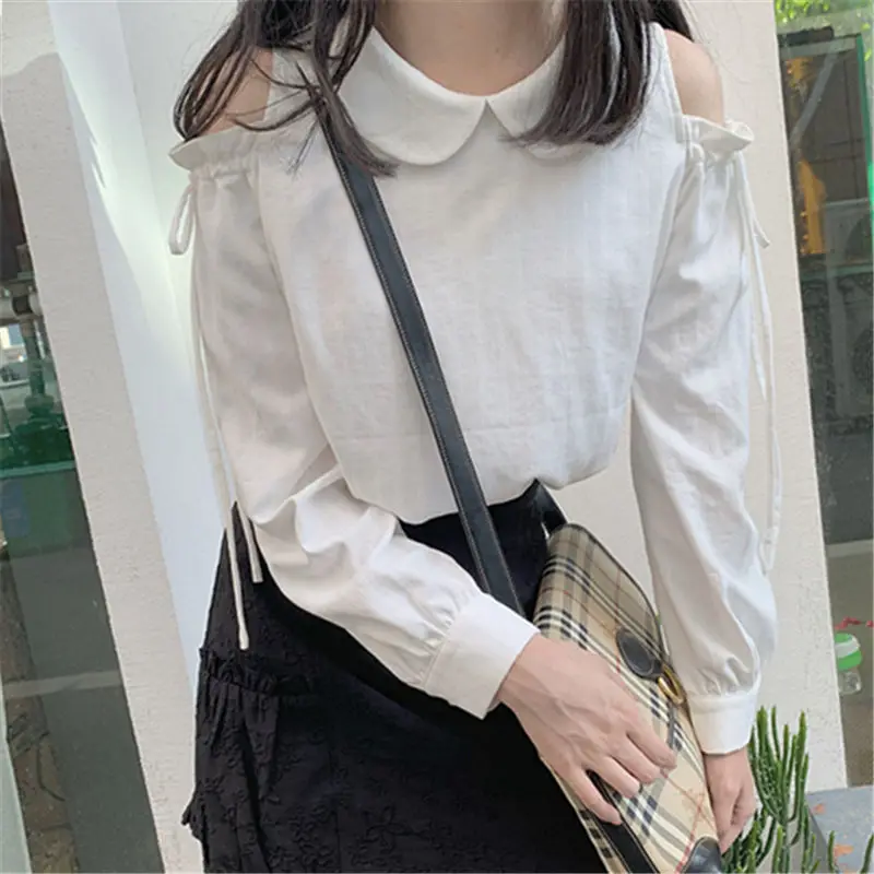 Autumn Women\'s Casual Korean Solid Color Striped Blouse Loose Fashion Long Sleeve All-match Off Shoulder Shirt Female Clothing