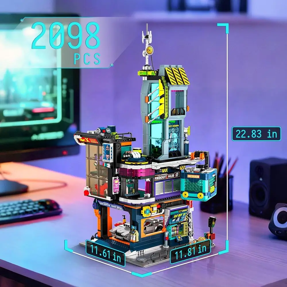 Paisaje urbano futurista Cyberpunk con kit de construcción de garaje de reparación y coche deportivo LED de 2098 piezas para adultos y adolescentes