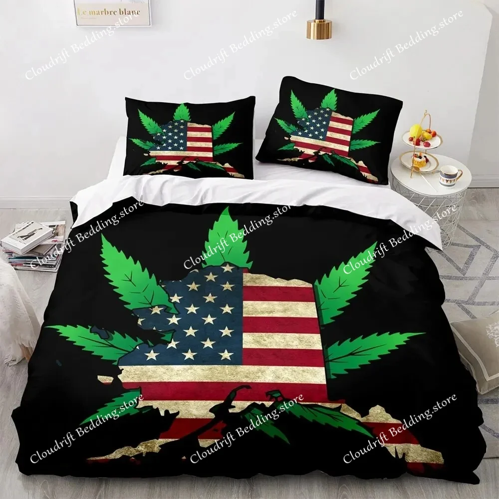 

Marijuana Weed Leaf King Queen Duvet Cover Green Maple Leaves Bedding Set for Adults Palm Leaves Polyester Quilt Cover