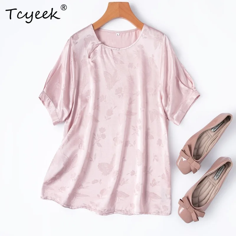 Tcyeek 100% Real Silk Women Tops 2026 Summer New Chinese-style Smooth Round-neck Lantern-sleeve Top Woman Clothing Ropa De Mujer