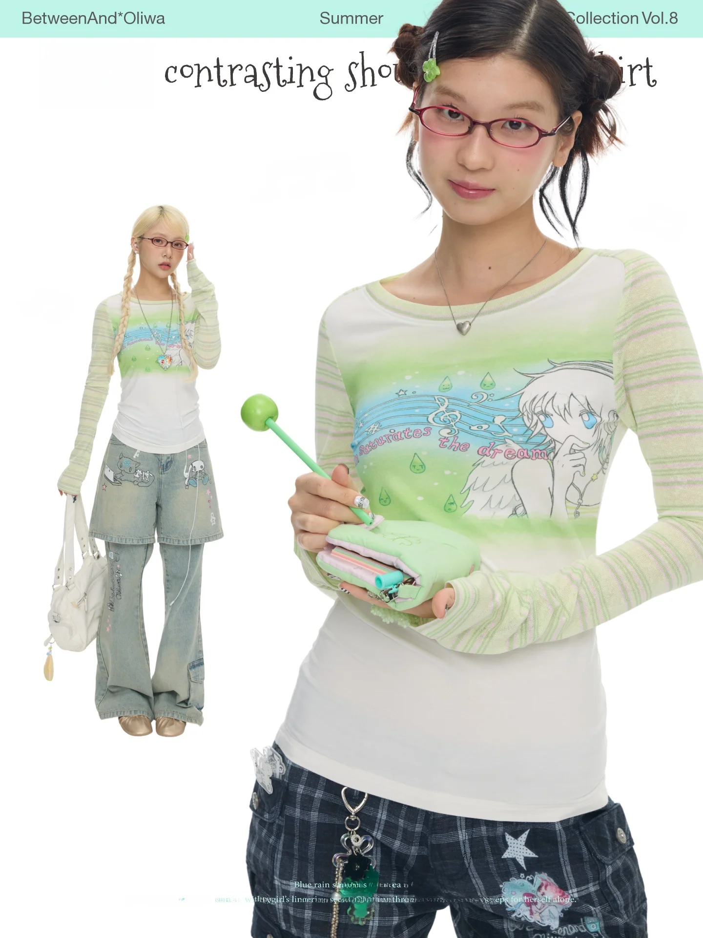 BENANDx Oli Frog Green Note Stripe Color Block Long Sleeve Gradient Dyed Slim Fit Women's Top Commute Style round Neck T-shirt