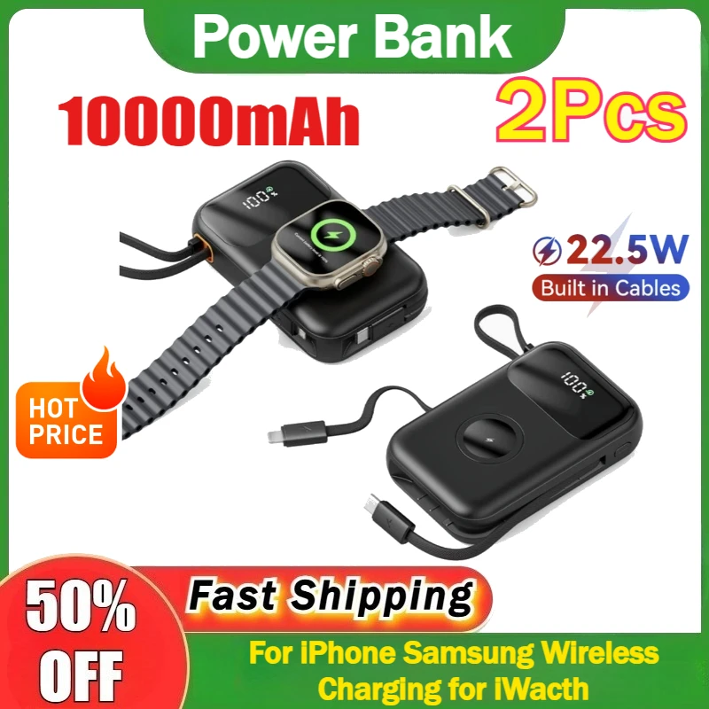 

2Pcs Portable 10000mAh Power Bank with 35W/27W PD Fast Charging USB C/iP Cable for iPhone Samsung Wireless Charging for iWacth