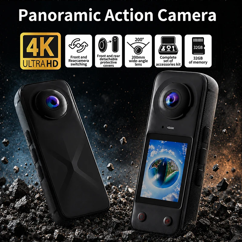 4K X5 Pro 200° Wide Angle Dual Lens Panoramic Vlog Camera Travel Sports Cam 32GB TF Card Included