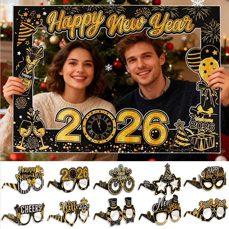 Neujahr 2026 Papier-Fotorahmen, Foto-Requisiten, goldfarben, schwarz, Papiergläser, Luftballons für frohe Silvester, Party-Dekorationszubehör