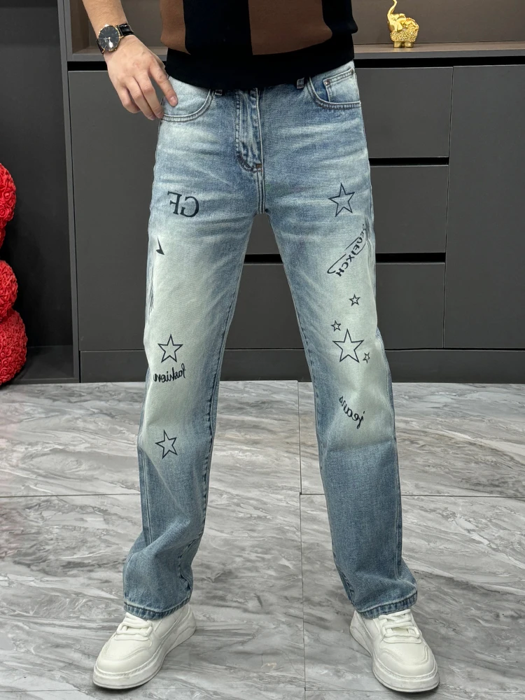 

Светло-голубые мужские джинсы прямого кроя с эффектом потертости, с принтом в виде пятиконечной звезды, винтажные, свободного кроя, повседневные мужские брюки