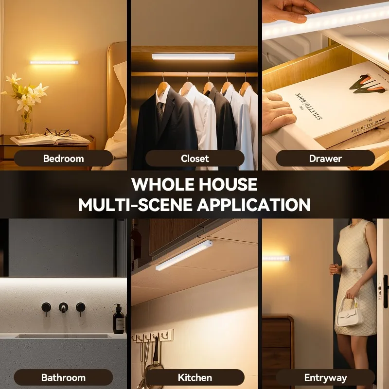 Rechargeable LED Motion Sensor Night Light Under Cabinet Lighting Warm/White Color for Kitchen Wardrobe Dormitory Hallway Stairs