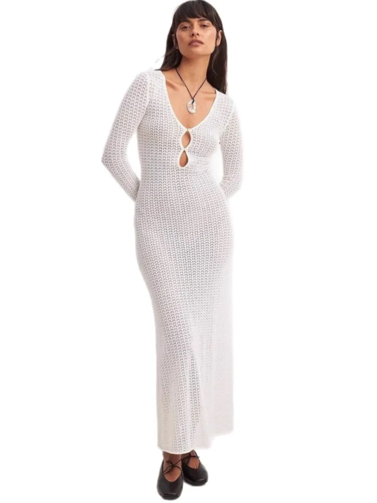 المرأة مثير الأبيض متماسكة ملابس السباحة التستر العميق الخامس الرقبة التعادل الجوف خارج كم طويل شاطئ فستان ماكسي 2026 الصيف عطلة الزي #5